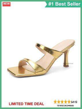 Two Strap Kitten Heel Square Toe Sandals Slip On